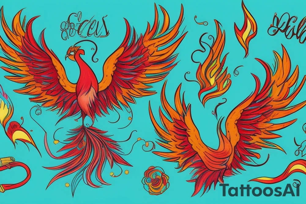 Red and yellow phoenix with tale full of flames and peacock feathers in green and blue tattoo idea