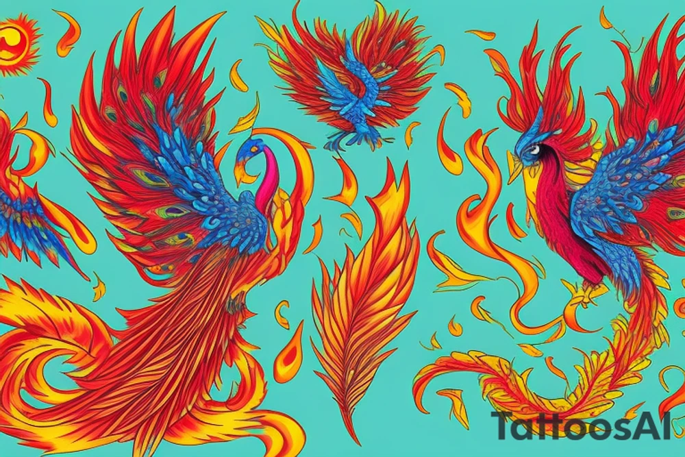 Red and yellow phoenix with tale full of flames and peacock feathers in green and blue tattoo idea
