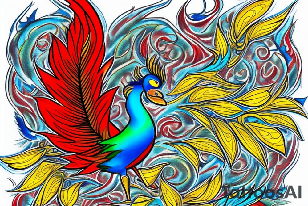 Red and yellow phoenix with tale full of flames and peacock feathers in green and blue tattoo idea