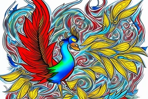 Red and yellow phoenix with tale full of flames and peacock feathers in green and blue tattoo idea