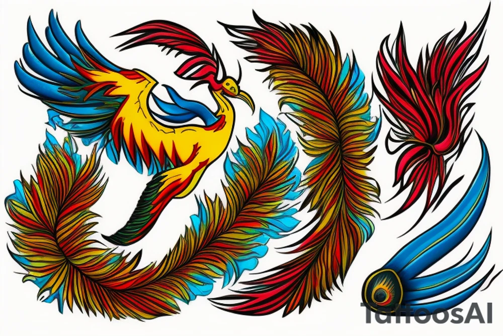 Red and yellow phoenix with tale full of flames and peacock feathers in green and blue tattoo idea