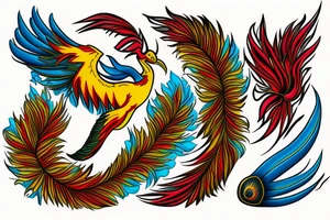Red and yellow phoenix with tale full of flames and peacock feathers in green and blue tattoo idea