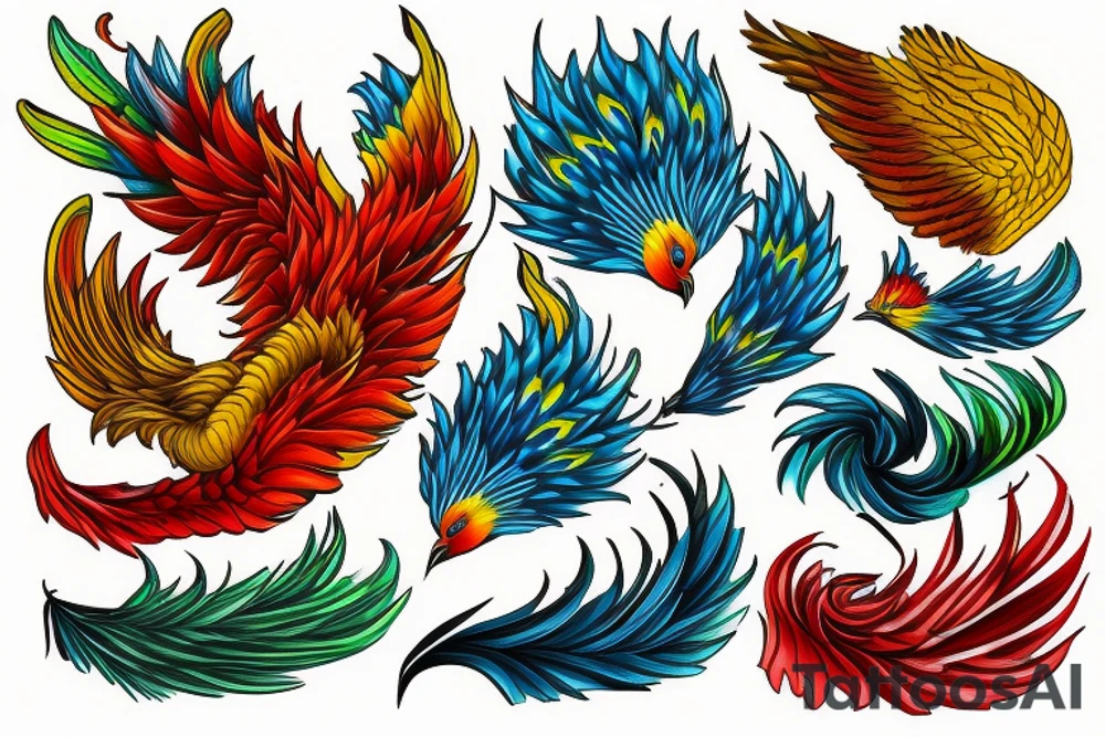 Red and yellow phoenix with tale full of flames and peacock feathers in deep green and deep blue with no black frames tattoo idea