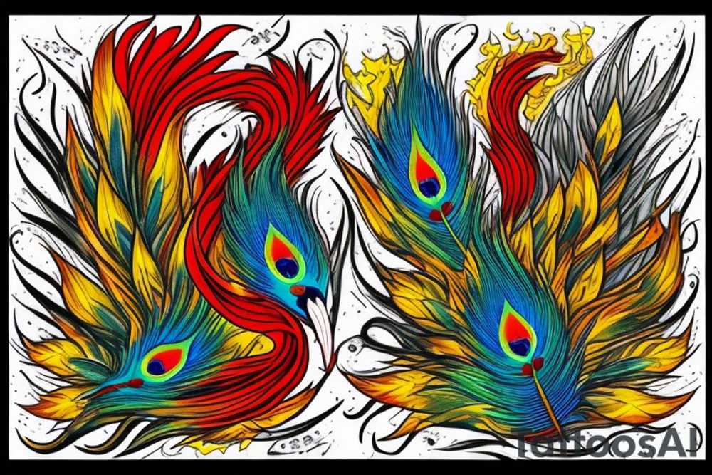 Red and yellow phoenix with tale full of flames and peacock feathers in deep green and deep blue with no black frames tattoo idea