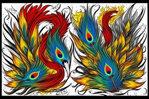 Red and yellow phoenix with tale full of flames and peacock feathers in deep green and deep blue with no black frames tattoo idea