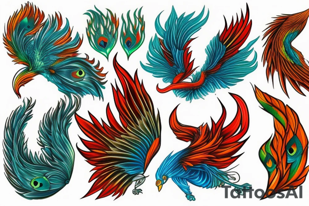 Red and orange phoenix with tale of flames and peacock feathers in green and blue with two great fire wings tattoo idea