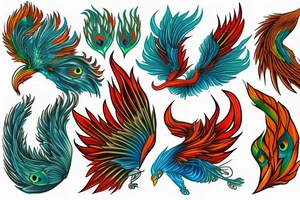 Red and orange phoenix with tale of flames and peacock feathers in green and blue with two great fire wings tattoo idea