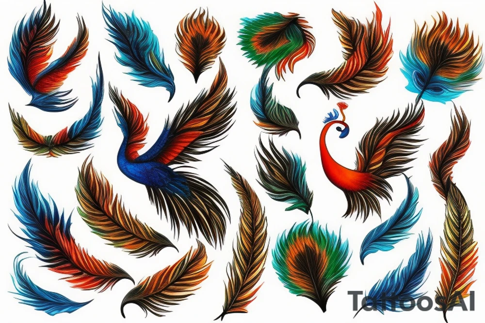 Red and orange phoenix with tale of flames and peacock feathers in green and blue with two great fire wings tattoo idea