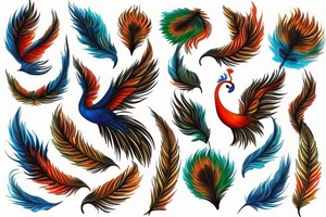 Red and orange phoenix with tale of flames and peacock feathers in green and blue with two great fire wings tattoo idea