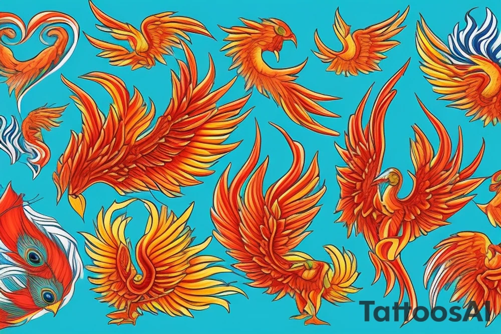Red and orange phoenix with tale of flames and peacock feathers in green and blue with two great fire wings tattoo idea