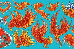 Red and orange phoenix with tale of flames and peacock feathers in green and blue with two great fire wings tattoo idea