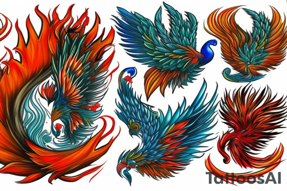 Red and orange phoenix with tale of flames and peacock feathers in green and blue with two great fire wings tattoo idea