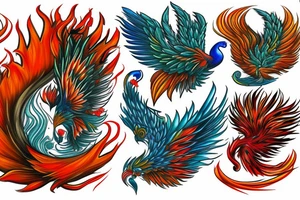 Red and orange phoenix with tale of flames and peacock feathers in green and blue with two great fire wings tattoo idea