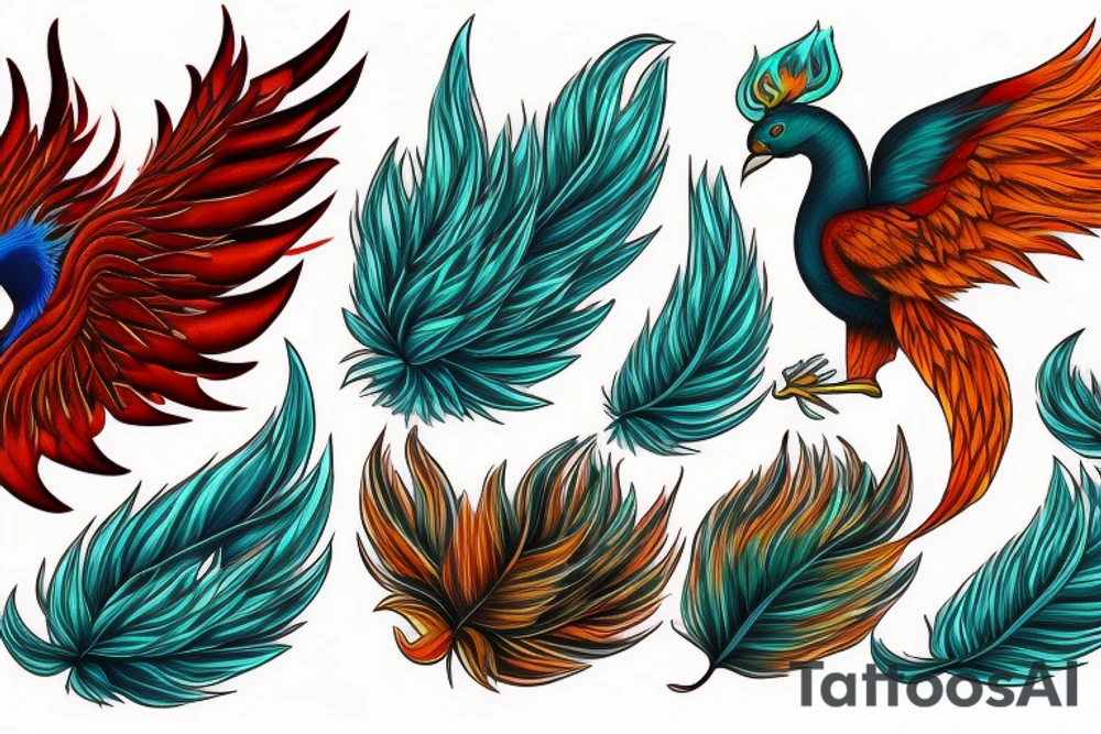 Red and orange phoenix with tale of flames and peacock feathers in green and blue with two great fire wings tattoo idea