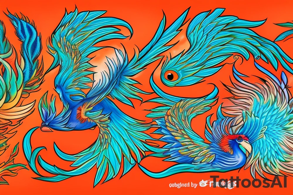 Red and orange phoenix with tale of flames and peacock feathers in green and blue with two great fire wings tattoo idea