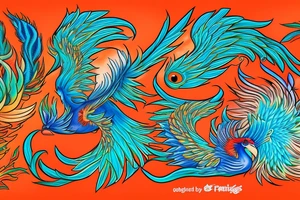 Red and orange phoenix with tale of flames and peacock feathers in green and blue with two great fire wings tattoo idea