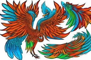 Red and orange phoenix with tale of flames and peacock feathers in green and blue with two great fire wings tattoo idea