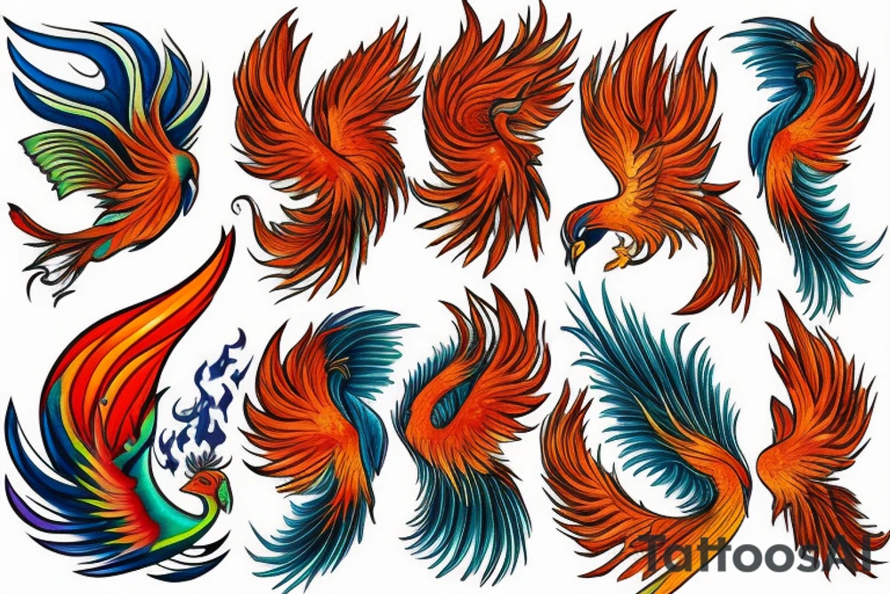 Red and orange phoenix with tale of flames and peacock feathers in green and blue with two great fire wings tattoo idea