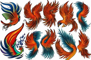 Red and orange phoenix with tale of flames and peacock feathers in green and blue with two great fire wings tattoo idea