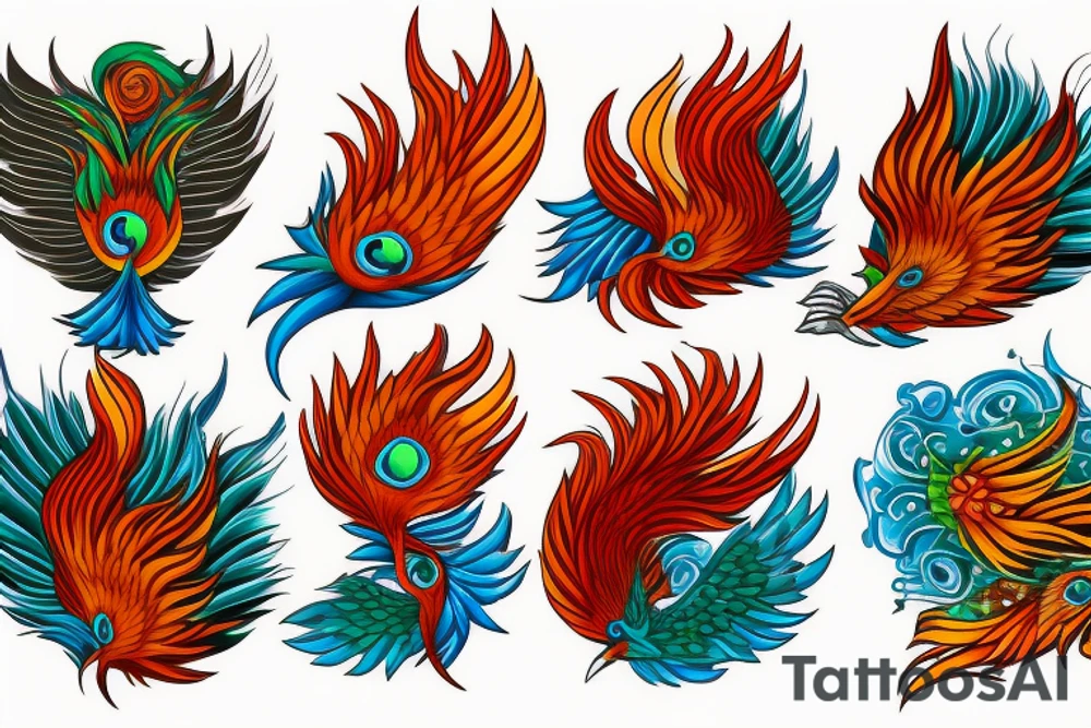 Red and orange phoenix with tale of flames and peacock feathers in green and blue with two great fire wings tattoo idea