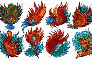 Red and orange phoenix with tale of flames and peacock feathers in green and blue with two great fire wings tattoo idea