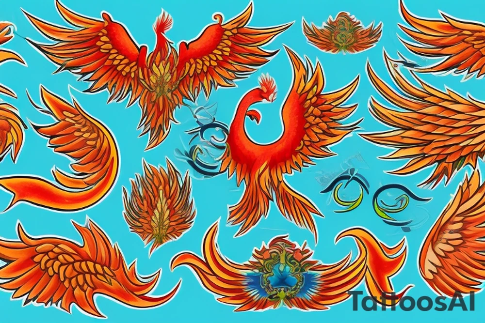 Red and orange phoenix with tale of flames and peacock feathers in green and blue with two great fire wings tattoo idea