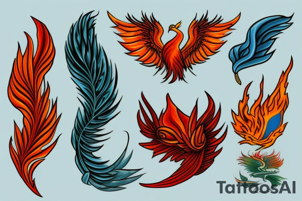 Red and orange phoenix with tale of flames and peacock feathers in green and blue with two great fire wings tattoo idea
