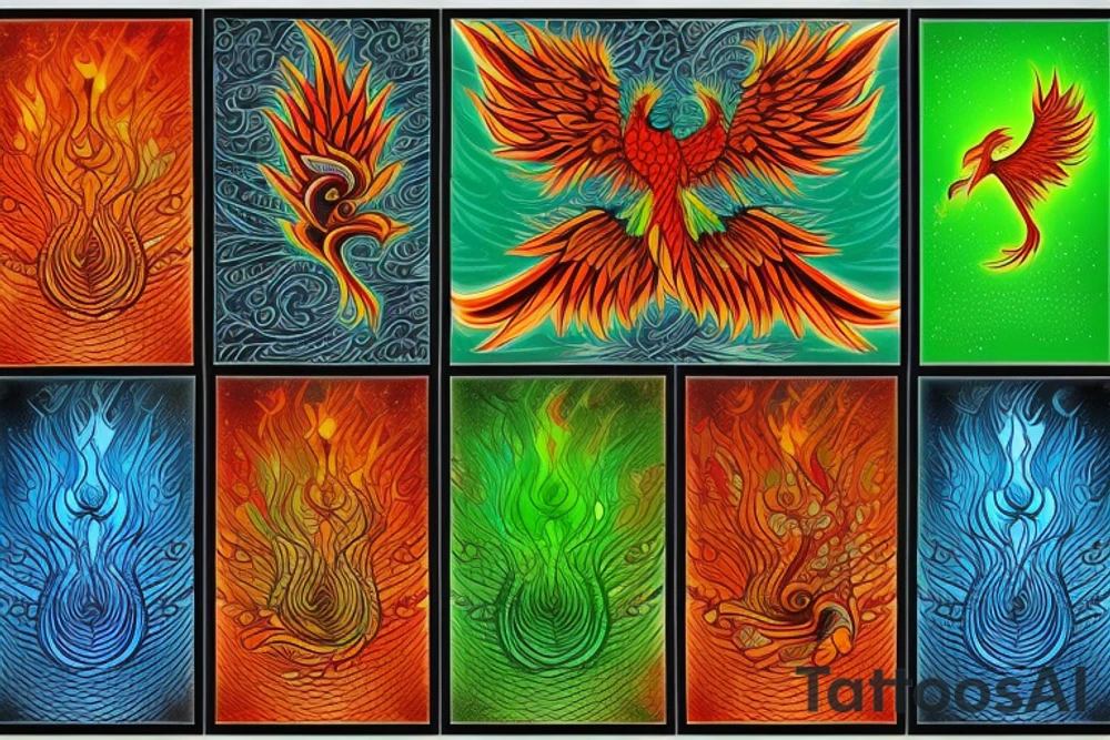 Red and orange phoenix with tale of flames and peacock feathers in green and blue with two great fire wings tattoo idea