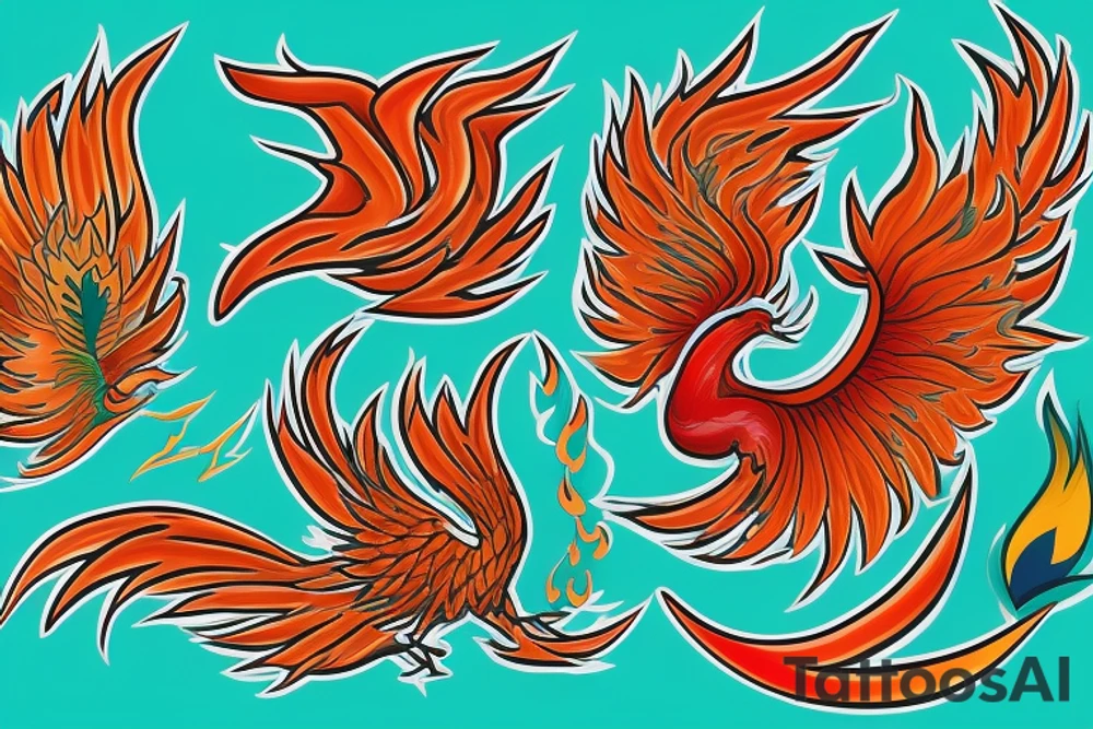 Red and orange phoenix with tale of flames and peacock feathers in green and blue with two great fire wings tattoo idea