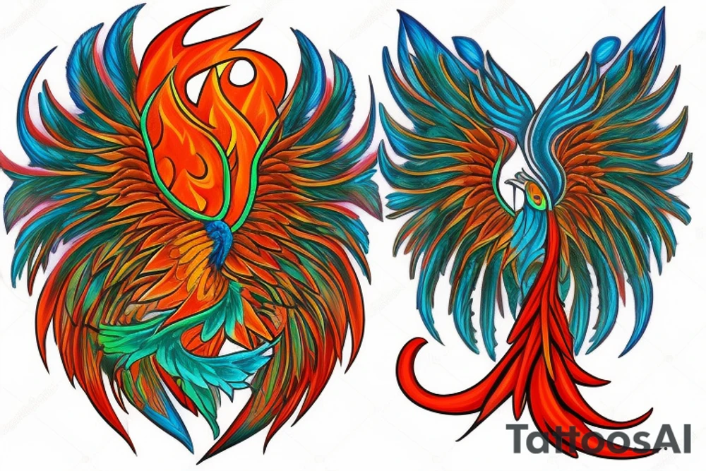 Red and orange phoenix with tale of flames and peacock feathers in green and blue with two great fire wings tattoo idea