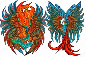 Red and orange phoenix with tale of flames and peacock feathers in green and blue with two great fire wings tattoo idea