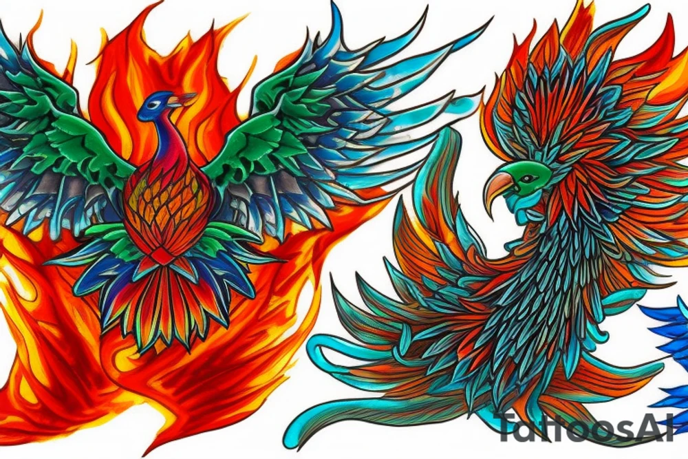 Red and orange phoenix with tale of flames and peacock feathers in green and blue with two great fire wings tattoo idea