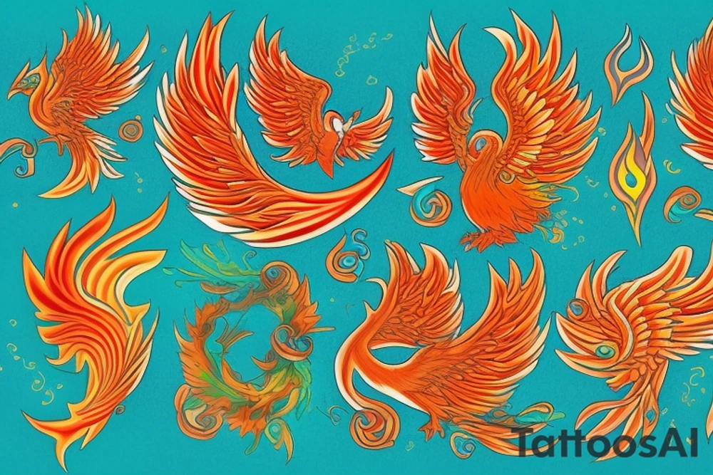 Red and orange phoenix with tale of flames and peacock feathers in green and blue with two great fire wings tattoo idea