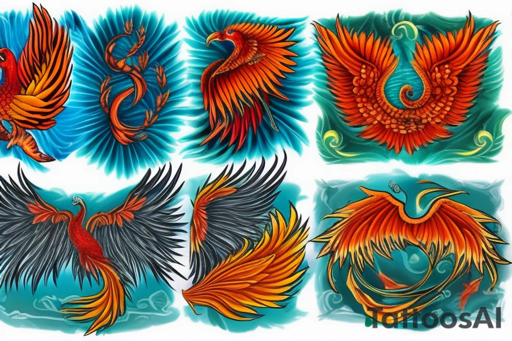 Red and orange phoenix with tale of flames and peacock feathers in green and blue with two great fire wings tattoo idea