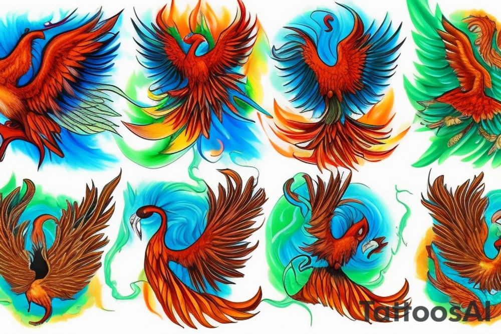Red and orange phoenix with tale of flames and peacock feathers in green and blue with two great fire wings tattoo idea