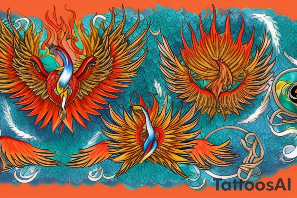 Red and orange phoenix with tale of flames and peacock feathers in green and blue with two great fire wings tattoo idea