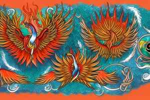 Red and orange phoenix with tale of flames and peacock feathers in green and blue with two great fire wings tattoo idea
