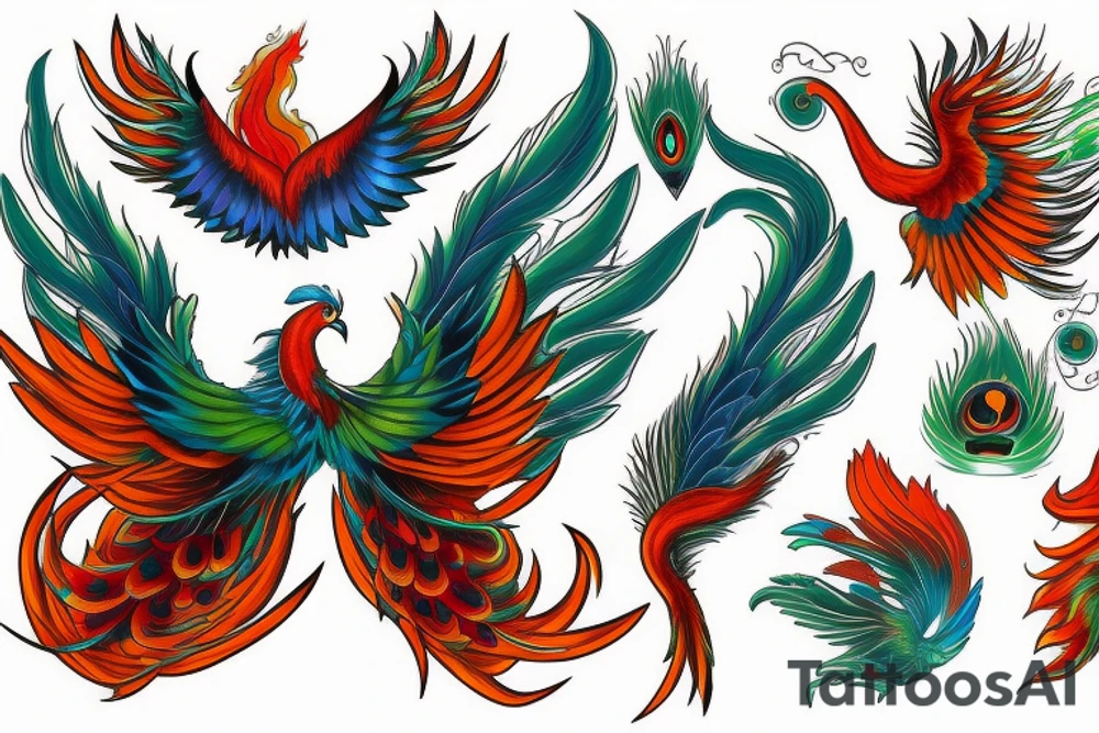 Red and orange phoenix with tale of flames and peacock feathers in green and blue with two great fire wings tattoo idea
