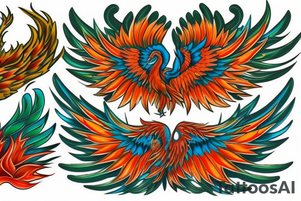 Red and orange phoenix with tale of flames and peacock feathers in green and blue with two great fire wings tattoo idea