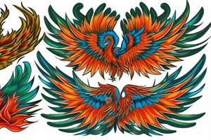 Red and orange phoenix with tale of flames and peacock feathers in green and blue with two great fire wings tattoo idea