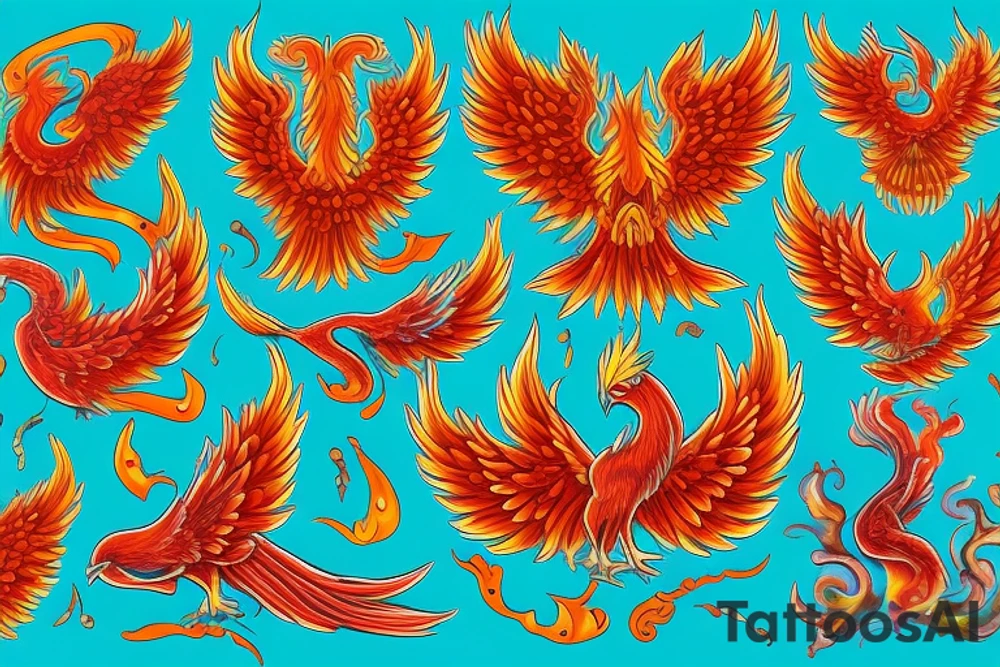 Red and orange phoenix with tale of flames and peacock feathers in green and blue with two great fire wings tattoo idea
