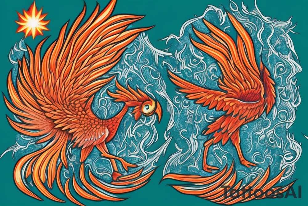 Red and orange phoenix with tale of flames and peacock feathers in green and blue with two great fire wings and zarathustra sun at the back of the head tattoo idea