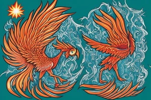 Red and orange phoenix with tale of flames and peacock feathers in green and blue with two great fire wings and zarathustra sun at the back of the head tattoo idea