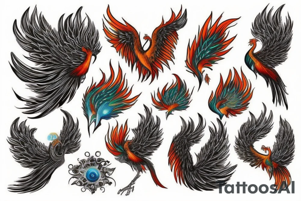 Red and orange phoenix with tale of flames and peacock feathers in green and blue with two great fire wings and zarathustra sun at the back of the head tattoo idea