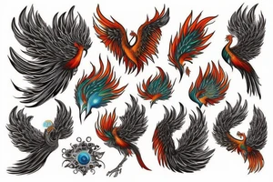 Red and orange phoenix with tale of flames and peacock feathers in green and blue with two great fire wings and zarathustra sun at the back of the head tattoo idea