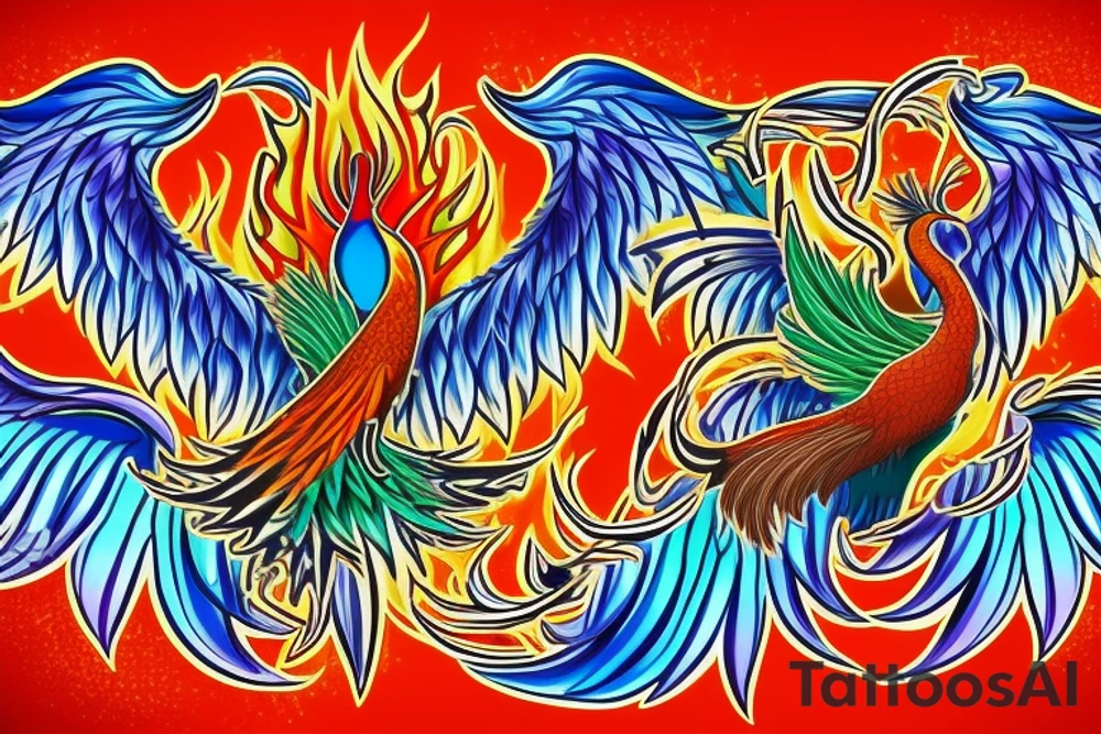 Red and orange phoenix with tale of flames and peacock feathers in green and blue with two great fire wings and zarathustra sun at the back of the head tattoo idea