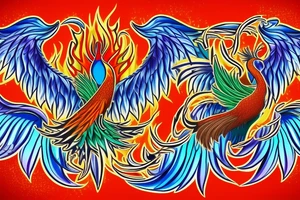 Red and orange phoenix with tale of flames and peacock feathers in green and blue with two great fire wings and zarathustra sun at the back of the head tattoo idea