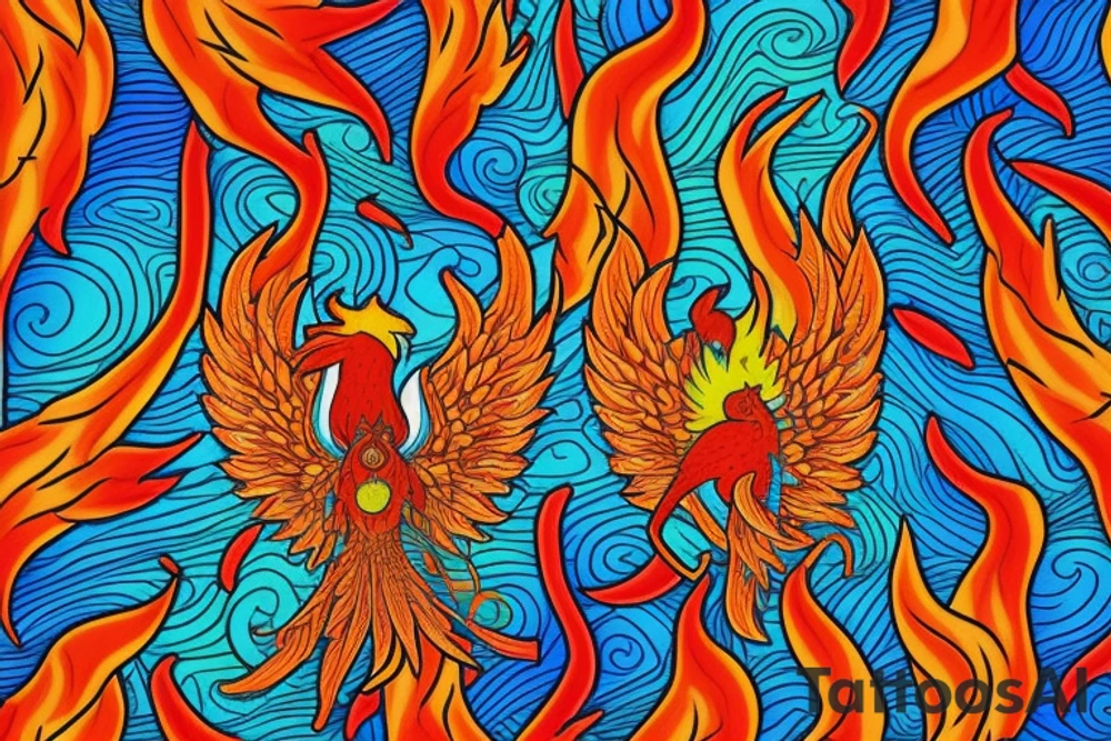 Red and orange phoenix with tale of flames and peacock feathers in green and blue with two great fire wings and zarathustra sun at the back of the head tattoo idea