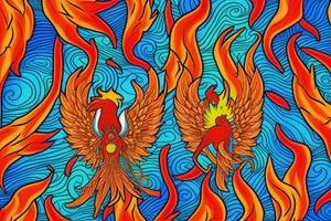 Red and orange phoenix with tale of flames and peacock feathers in green and blue with two great fire wings and zarathustra sun at the back of the head tattoo idea