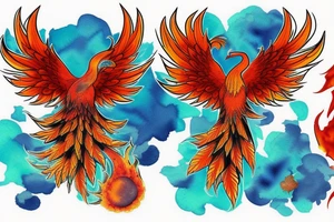 Red and orange phoenix with tale of flames and peacock feathers in green and blue with two great fire wings and zarathustra sun at the back of the head tattoo idea